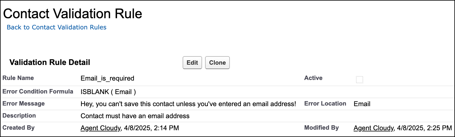 Validation rule to ensure the contact has an email address.