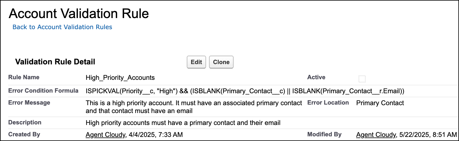 Validation rule to ensure the high priority account has a primary contact and the primary contact has an email address.