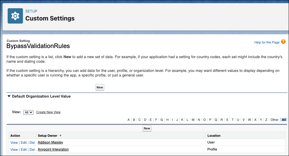 Examples of custom settings set at the user and profile level.