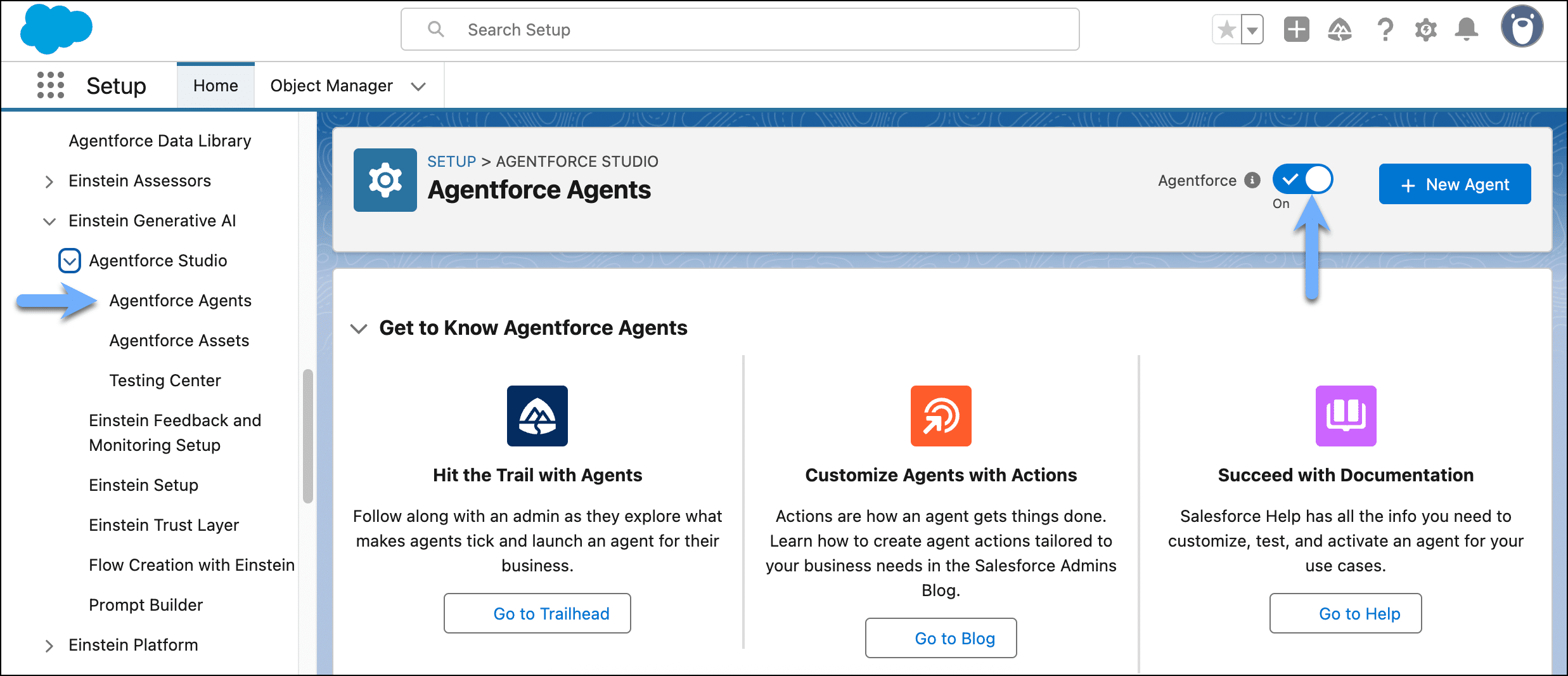 Salesforce ‘Agentforce Agents’ setup page, with the main ‘Agentforce’ toggle enabled at the top right.