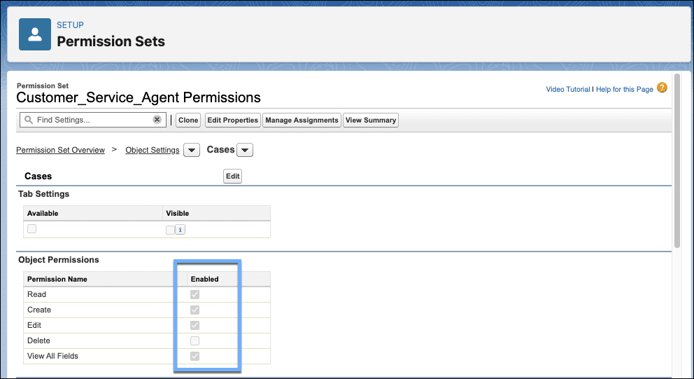 The Agent specific permission set screen, with Read, Create, and Edit permissions for the Cases object highlighted.