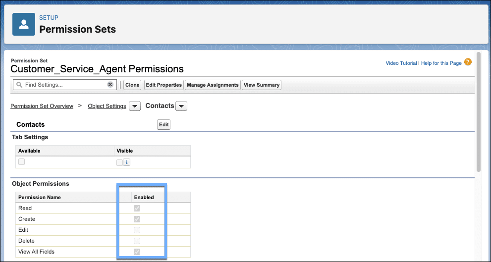 The Salesforce Permission Set screen, with Read and Create permissions for the Contacts object highlighted.