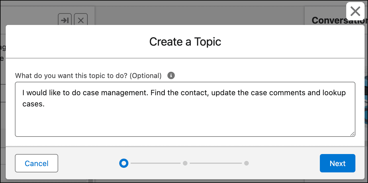 The Create a Topic modal window in Salesforce, showing a topic description has been entered and the Next button.]