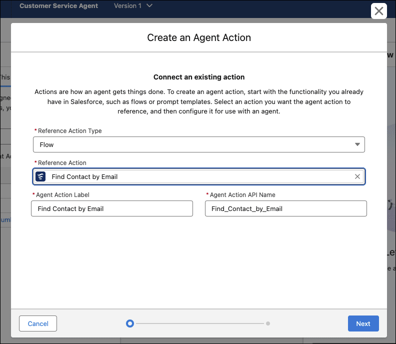 The Create an Agent Action modal in Salesforce, with form fields completed to reference a Find Contact by Email flow, and the Next button.