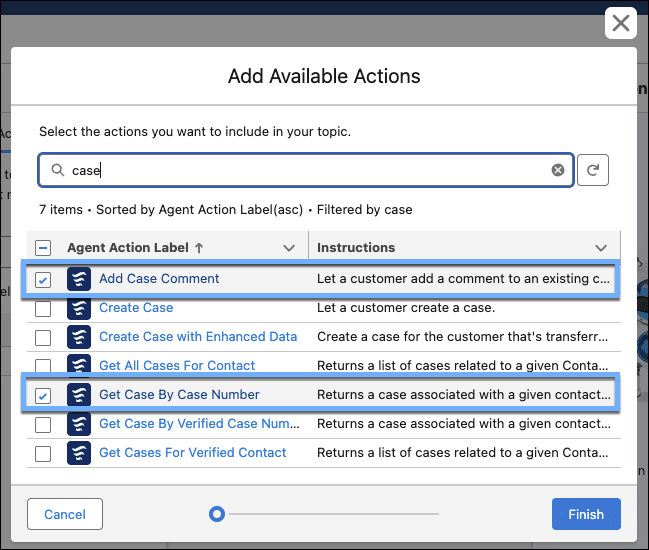 The Add Available Actions modal in Salesforce, showing the ‘Add Case Comment’ and ‘Get Case by Case Number’ actions selected, with the Finish button.