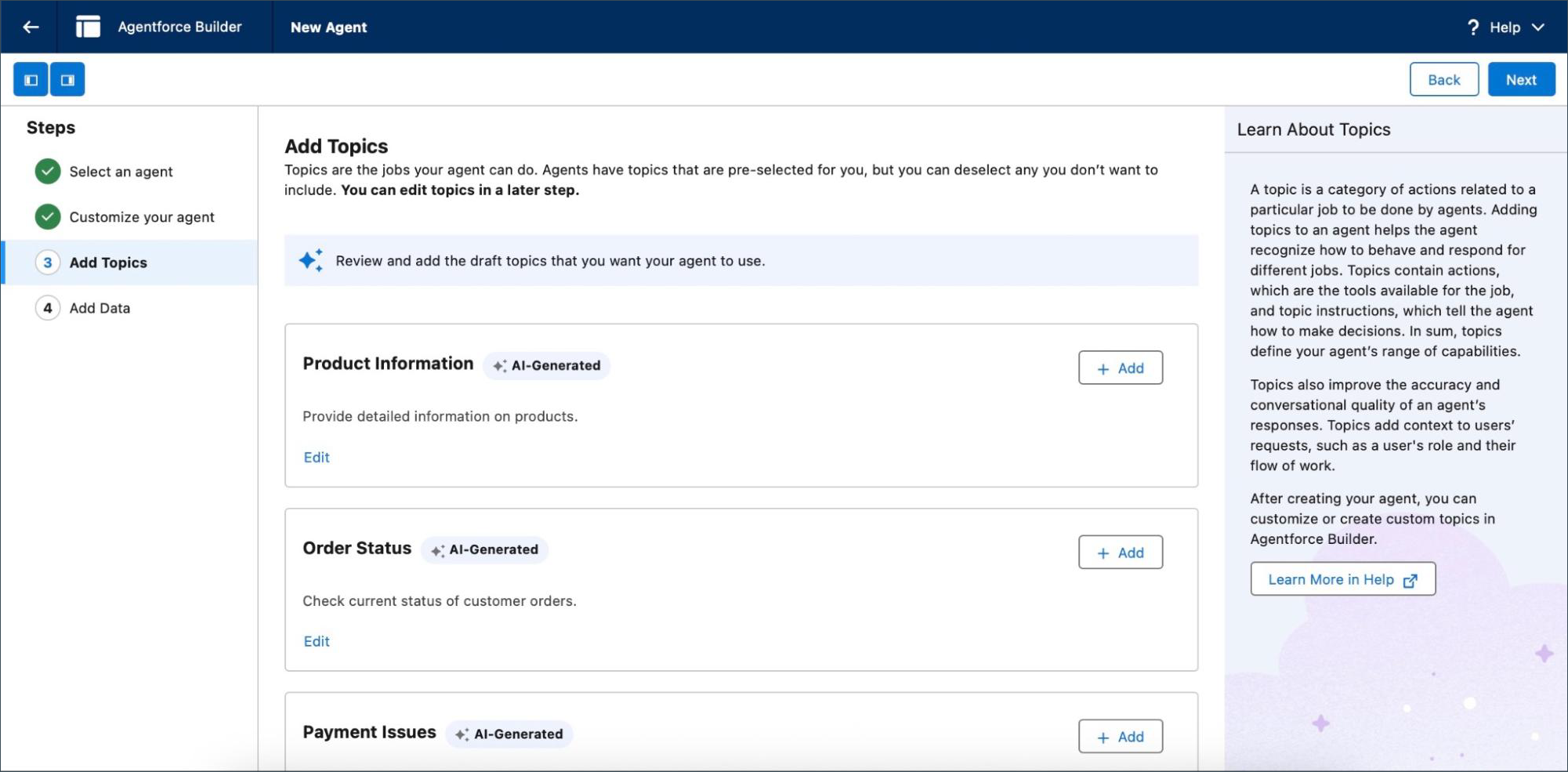 New Agent page for adding topics.