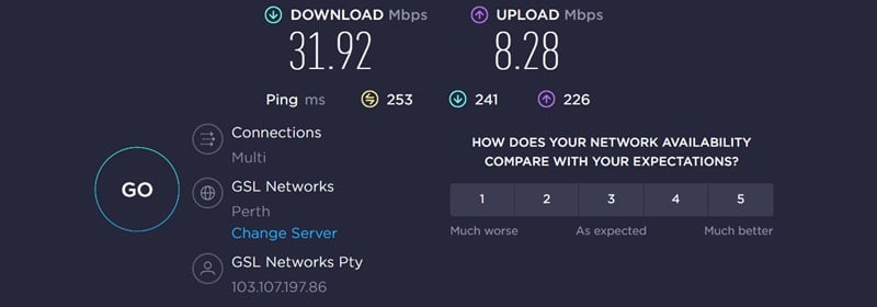 NordVPN speed test UK to Australia