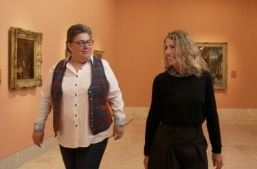 Andrea Velasco, and Ana Belén González at Thyssen-Bornemisza National Museum, paintings at the background.