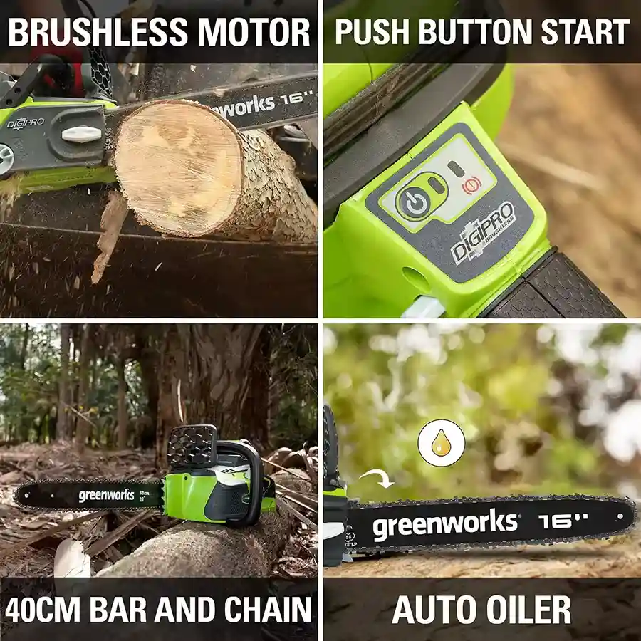 Greenworks 20077 40V Cordless And Brushless Chainsaw Skin features