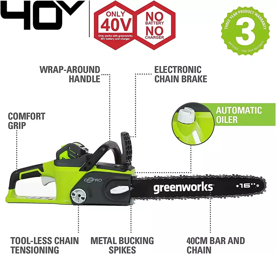 Greenworks 20077 40V Cordless And Brushless Chainsaw Skin functions