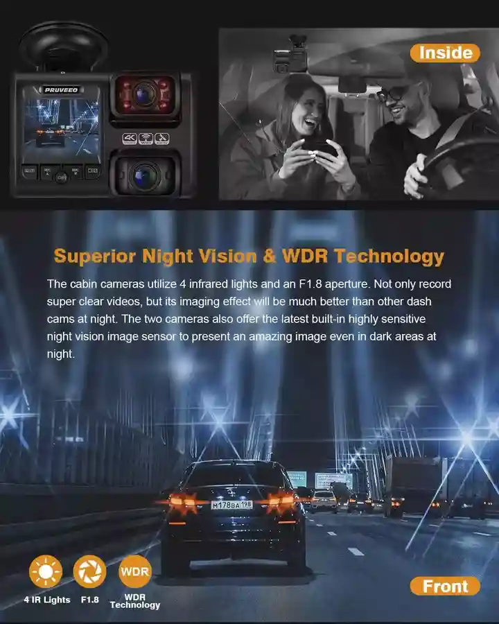 PRUVEEO Dash Cam, Front and Inside night vision