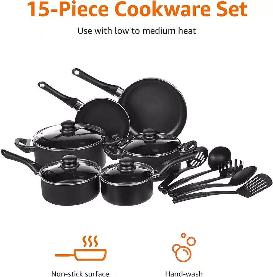 Amazon Basics Non-Stick Cookware Set 15 pieces
