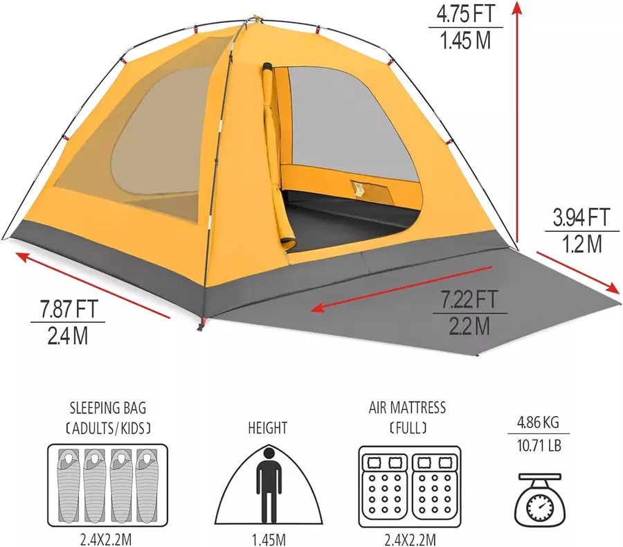 Kazoo 2 to 4 Person Camping Tent measurements