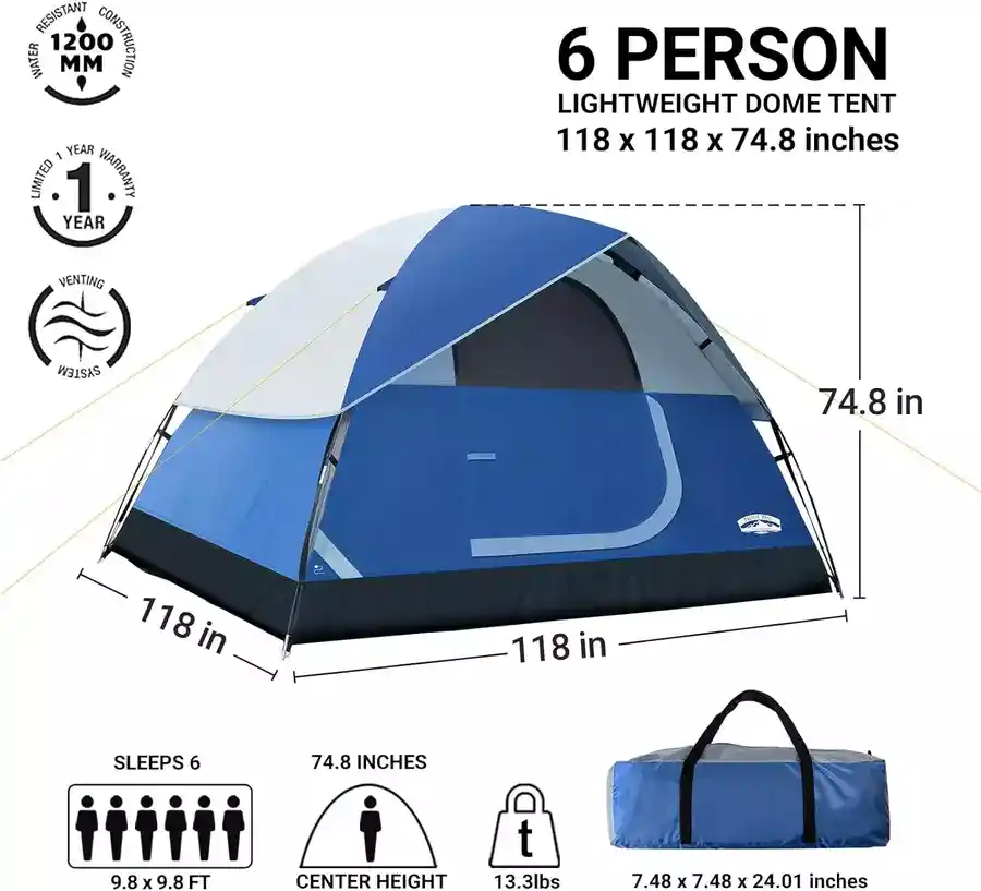 Pacific Pass Camping Tent 6 Person Family measurements