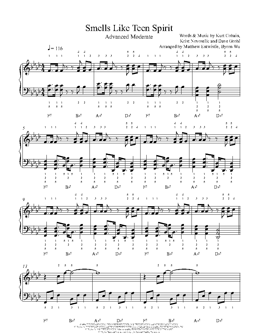 Smells Like Teen Spirit By Nirvana Piano Sheet Music Advanced Level