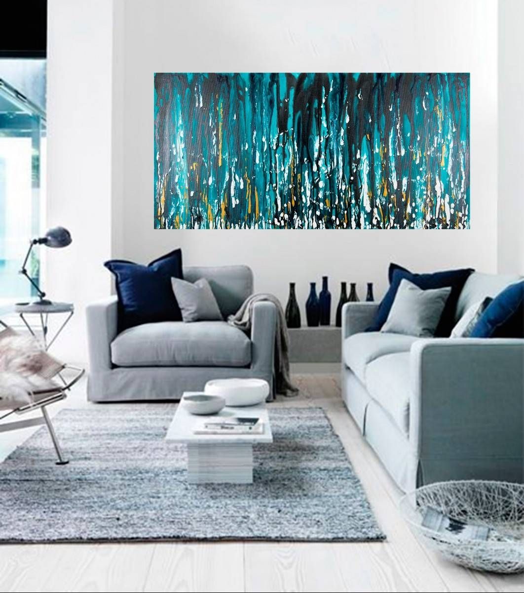 Meteor Showerqiqigallery 48"x24" Stretched Canvas Original In Current Turquoise And Black Wall Art (Gallery 7 of 20)
