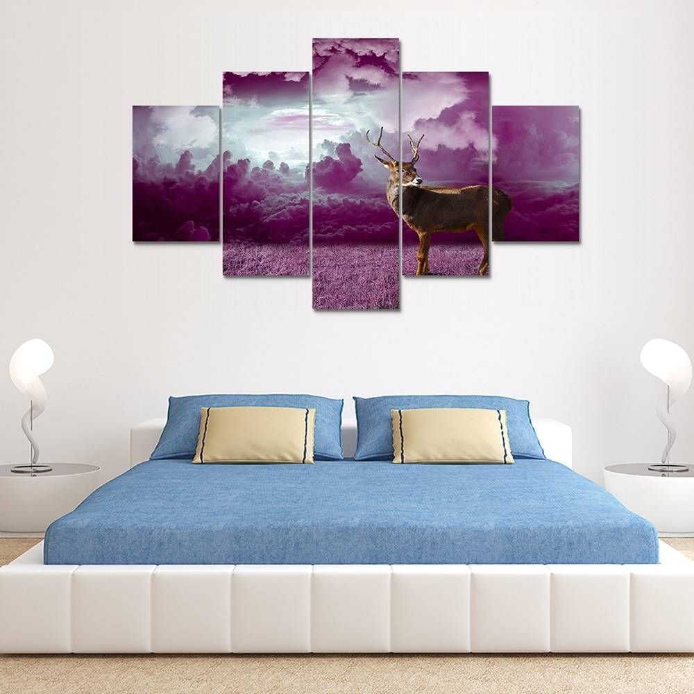 Purple Clouds Deer Painting Home Decoration Wall Art Canvas Print In Most Popular Purple Wall Art Canvas (Gallery 20 of 20)