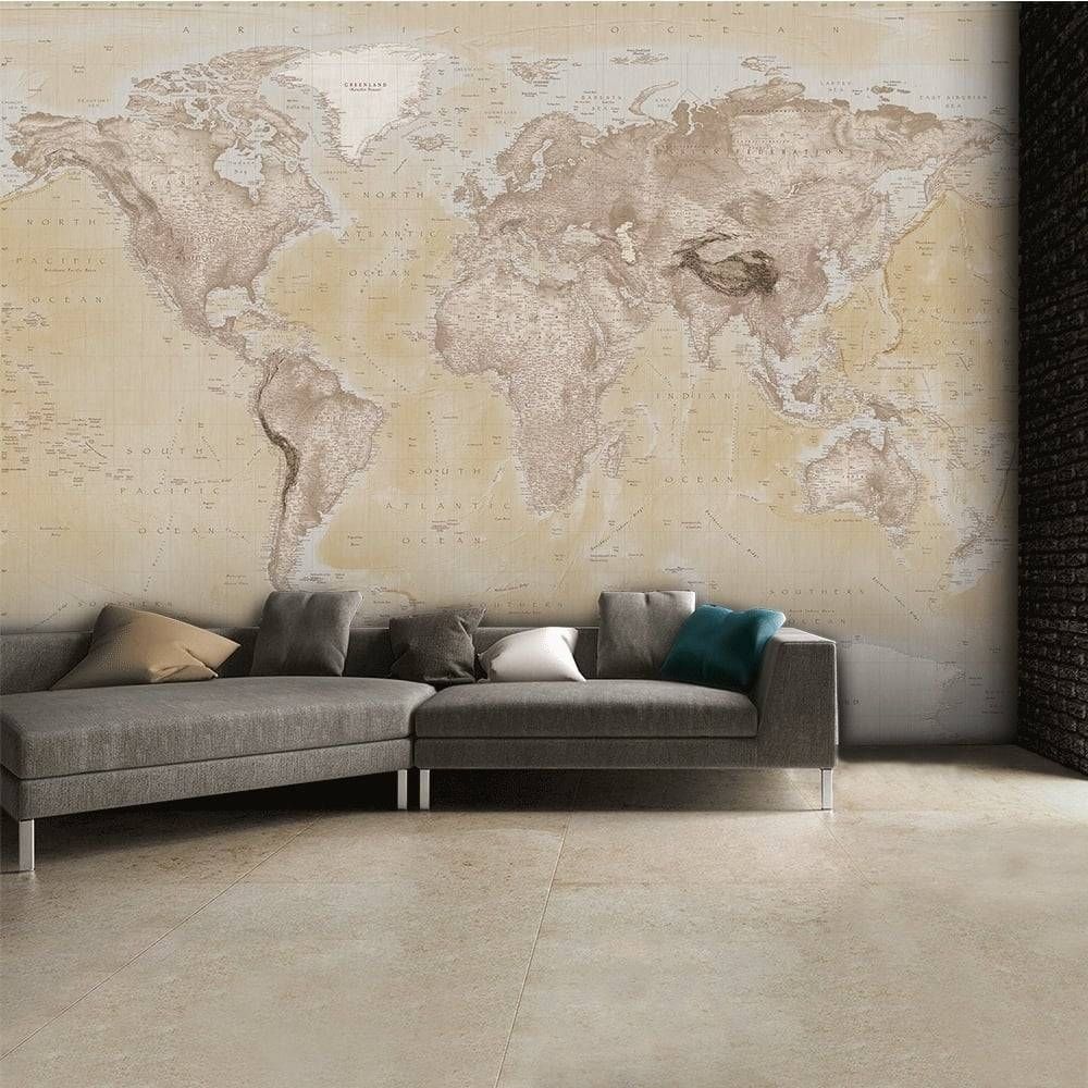 Wall Neutral World Map Atlas Wallpaper Mural Wall Art 315cm X 232cm With Regard To Current Neutral Wall Art (Gallery 9 of 15)