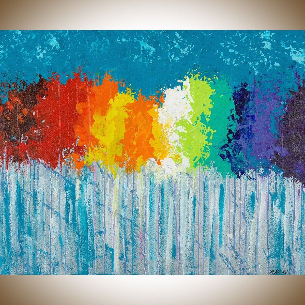 Rainbow Flowersqiqigallery 30"x24" Original Modern Abstract In 2017 Blue Canvas Abstract Wall Art (Gallery 11 of 20)