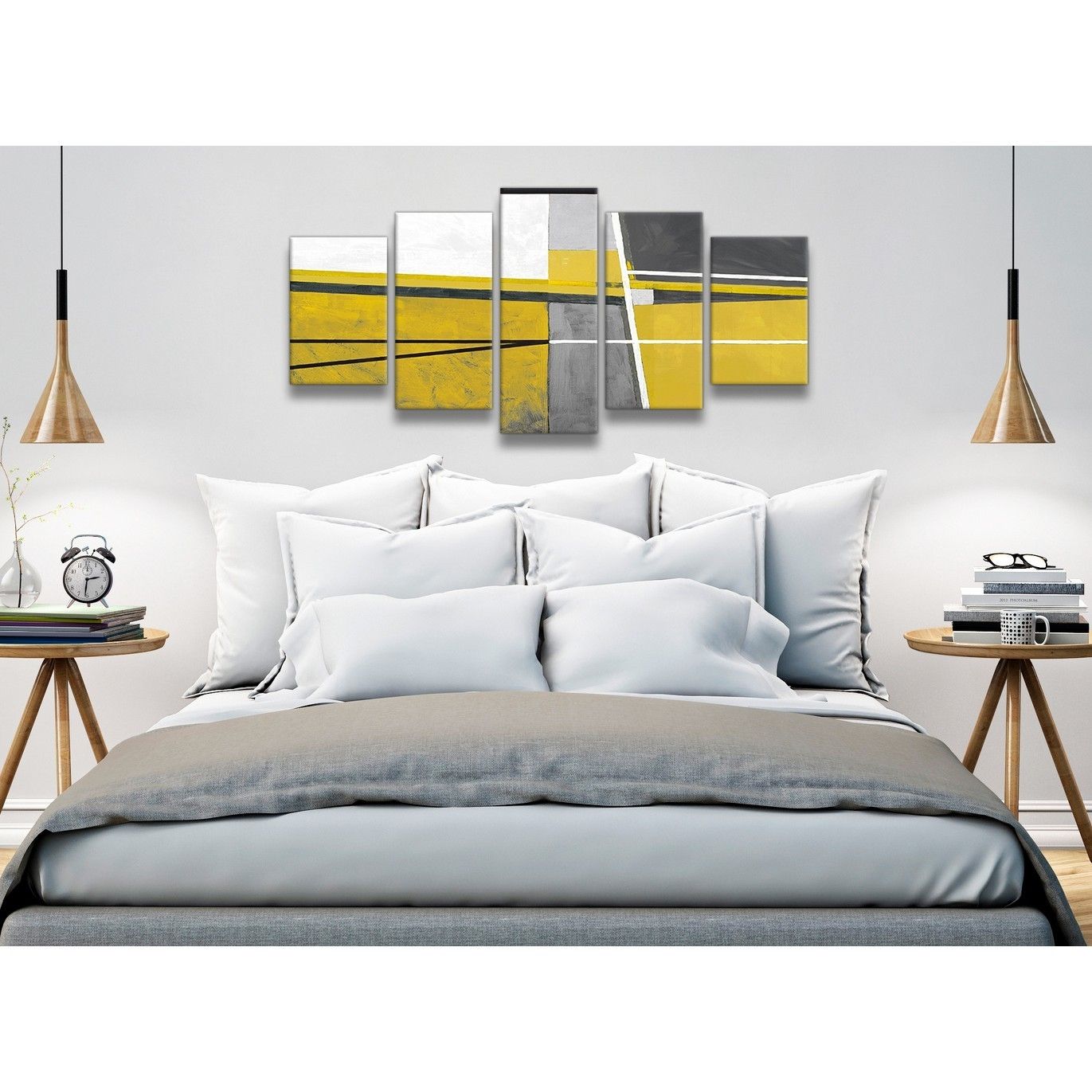 5 Panel Mustard Yellow Grey Painting Abstract Bedroom Canvas Regarding Recent Wall Art For Bedroom (Gallery 11 of 15)