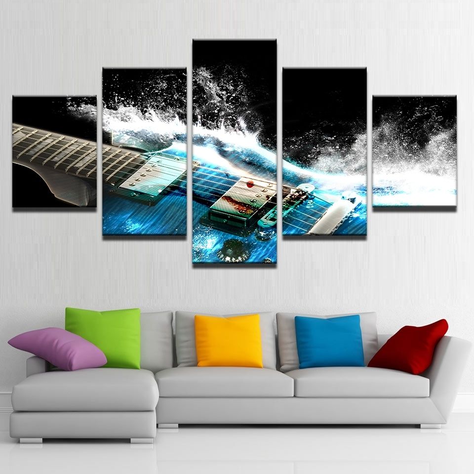 5 Pieces Abstract Blue Guitar Canvas Wall Art Pictures Home Decor Inside Most Current 5 Piece Wall Art (Gallery 20 of 20)
