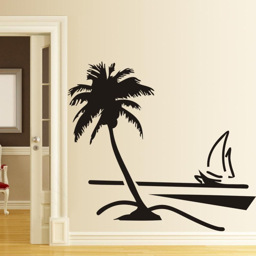 Beach Coconut Palm Tree Sailboat Wall Art Bathroom Glass Modern Art With Most Recent Palm Tree Wall Art (Gallery 9 of 20)