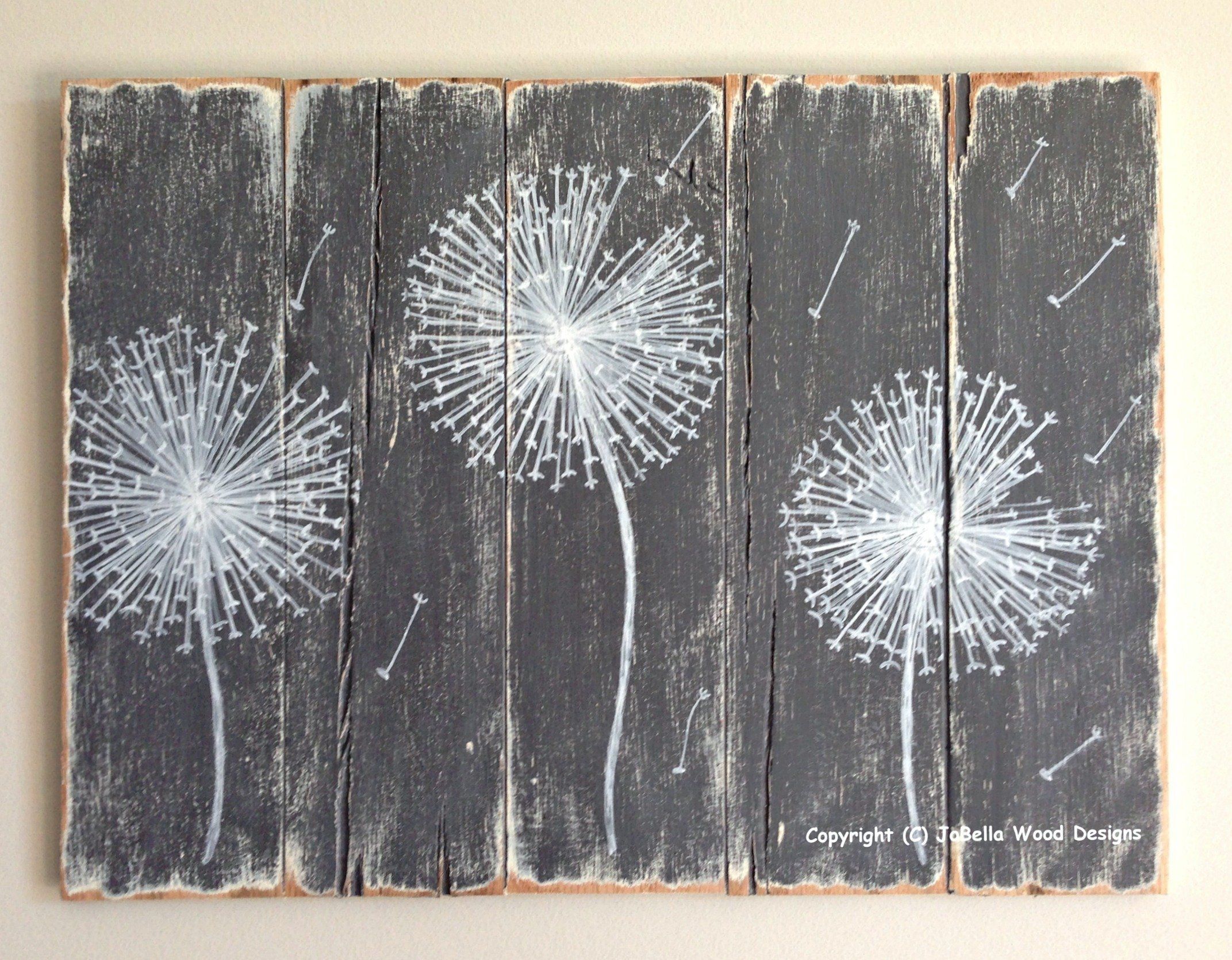 Dandelion Wood Painting – Handmade, Distressed (gray And White With Regard To Recent Grey And White Wall Art (Gallery 1 of 20)
