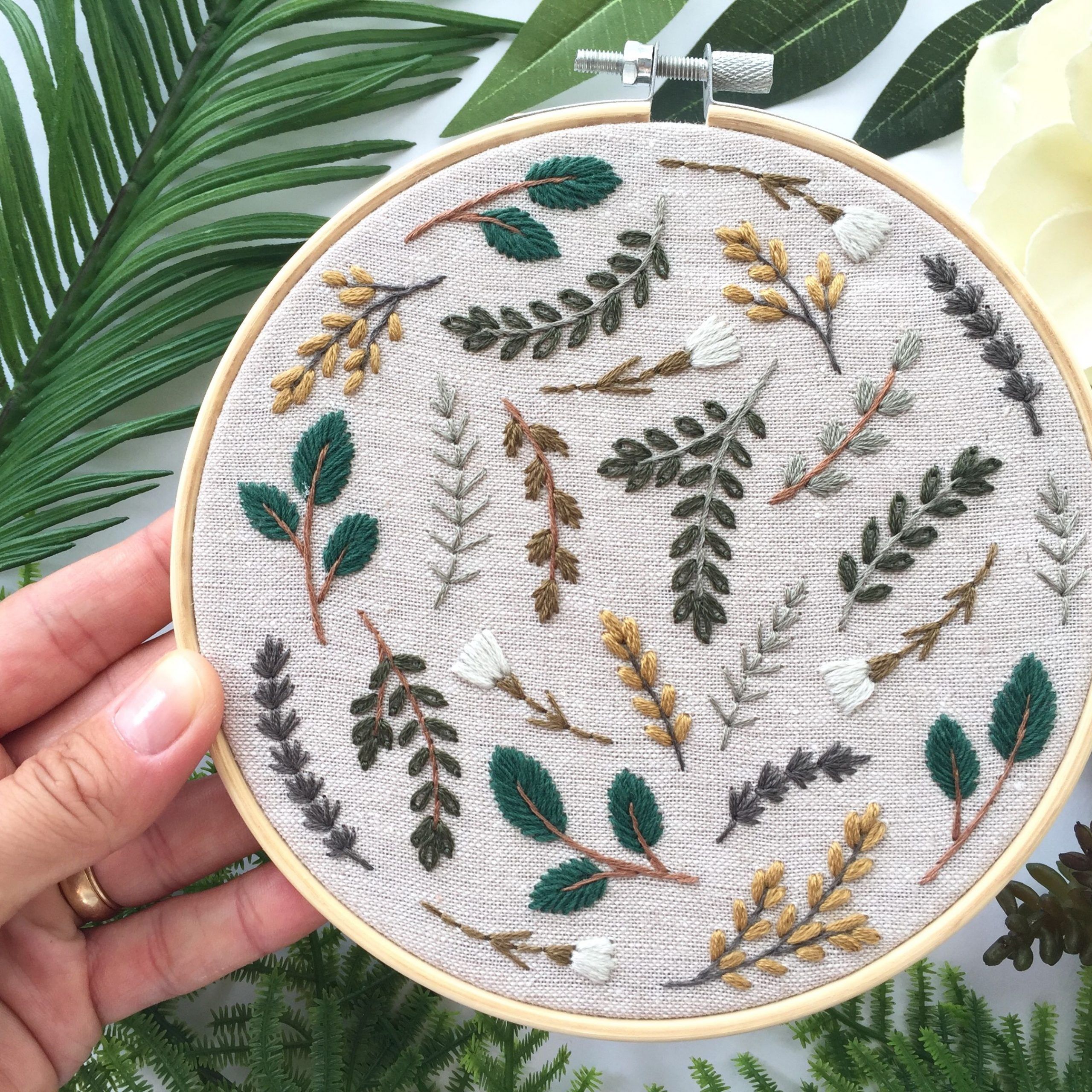 Botanical Embroidery Hoop, Cross Stitch Leaves And Flowers In 2017 Blended Fabric Leaf Wall Hangings (Gallery 12 of 20)