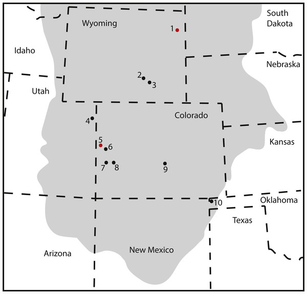 Map of occurrences of Brachiosauridae in the Upper Jurassic Morrison Formation.