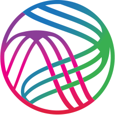 The Neurobiology of Language logo is an open circle crisscrossed by curved lines, woven together. The left side of the circle features a purple-red-pink gradient, while the right side has a blue-green gradient.