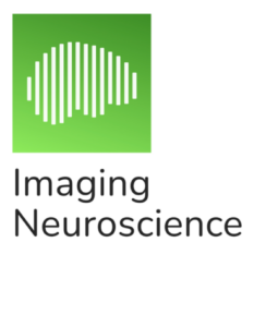 The logo for Imaging Neuroscience features a white brain shape formed by vertical bars against a neon green background and the title of the journal beneath in black text.