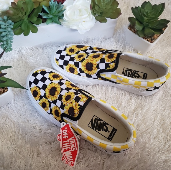 yellow vans with sunflowers and checkered pattern