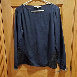 LOFT Navy Blue Blouse WIth Black Lace Trim Medium