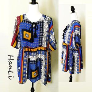 Boho Dress Tunic Top Blue Yellow Geometric Abstract Pleated Waist Short Sleeves