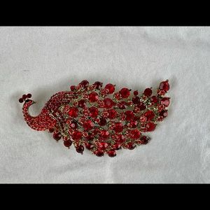 Red Rhinestone Peacock Pin Dress Sash Brooch