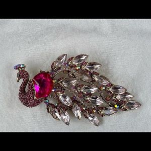 Pink Rhinestone Peacock Pin Dress Sash Brooch