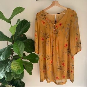 Kensie | Mustard Yellow Sheer Floral Dress