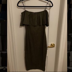 Lovely Day off the shoulder, midi suede bodycon dress in olive green size small