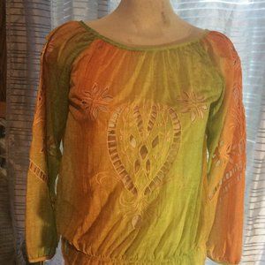 Vintage Orange Green Tie-Dye Cut-Out Women's Top Blouse Boho Fairycore Cottage