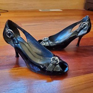 Stuart Weitzman Black Patent Leather Open Toe Heels Size 8M