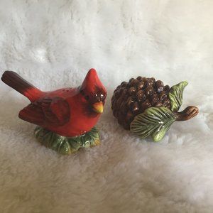 Pottery Barn Ceramic Cardinal and Pine cone Salt and Pepper Shakers Set