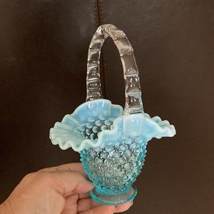 Vintage Fenton glass opalescent blue basket, ruffled edges, hobnail design