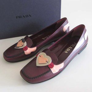 new PRADA burgundy Heart Detail square toe flats 36.5 / 6.5 US