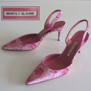 new MANOLO BLAHNIK Carolyne floral slingback pumps 40.5/10.5 US