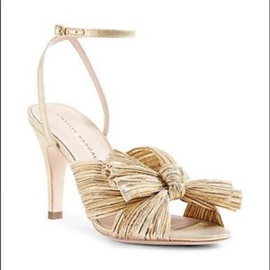 Loeffler Randall ‘Zinnia’ gold pleated knot ankle-strap heel sandals 7