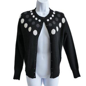 Cashmere Lord Taylor Black Cardigan White Grey Circles Design Ribbed Cuff Waist