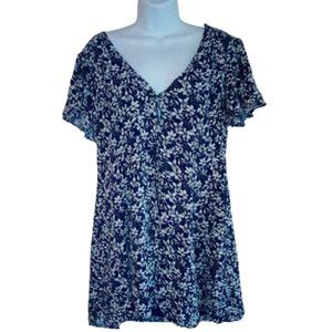 ---  Blue White Floral Short Dress or Tunic Top  Fits XL