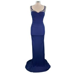 Badgley Mischka Collection Navy Blue Beaded Evening Gown