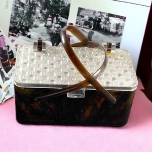 Merle Norman 1970's Faux Tortoise Shell Lucite Cosmetic Case Box box purse