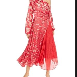 AMUR One-Shoulder Floral Silk Red Midi Dress